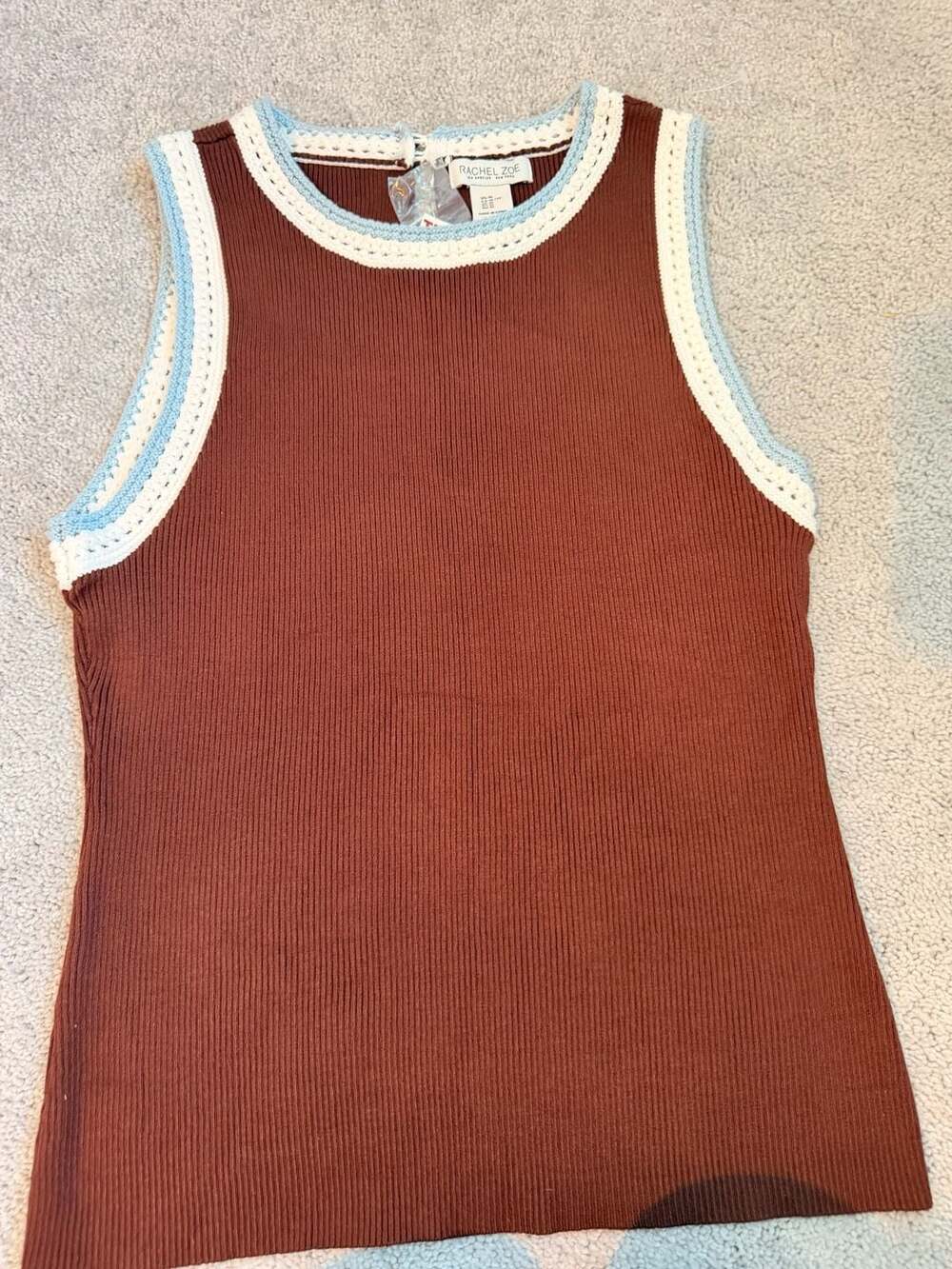 Rachel Zoe Ribbed Tank Top Size XL Brown Crochet Trim